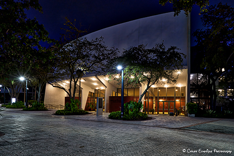 Exterior of Gusman Concert Hall at night